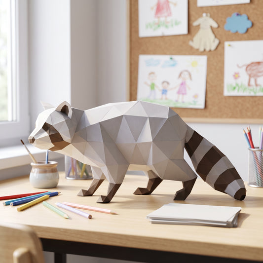 Paper Raccoon model in a kids' craft corner