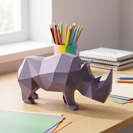 Paper Rhino model in a kids' craft corner