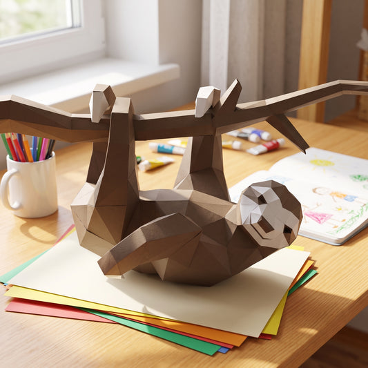 Paper Sloth model in a kids' craft corner