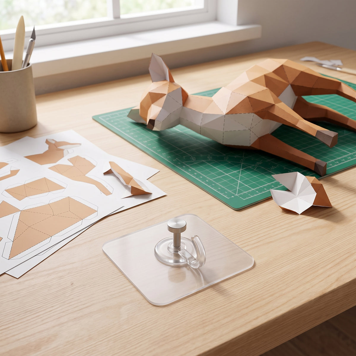 Adhesive Wall Hook (No Nails) on a craft desk with a paper model