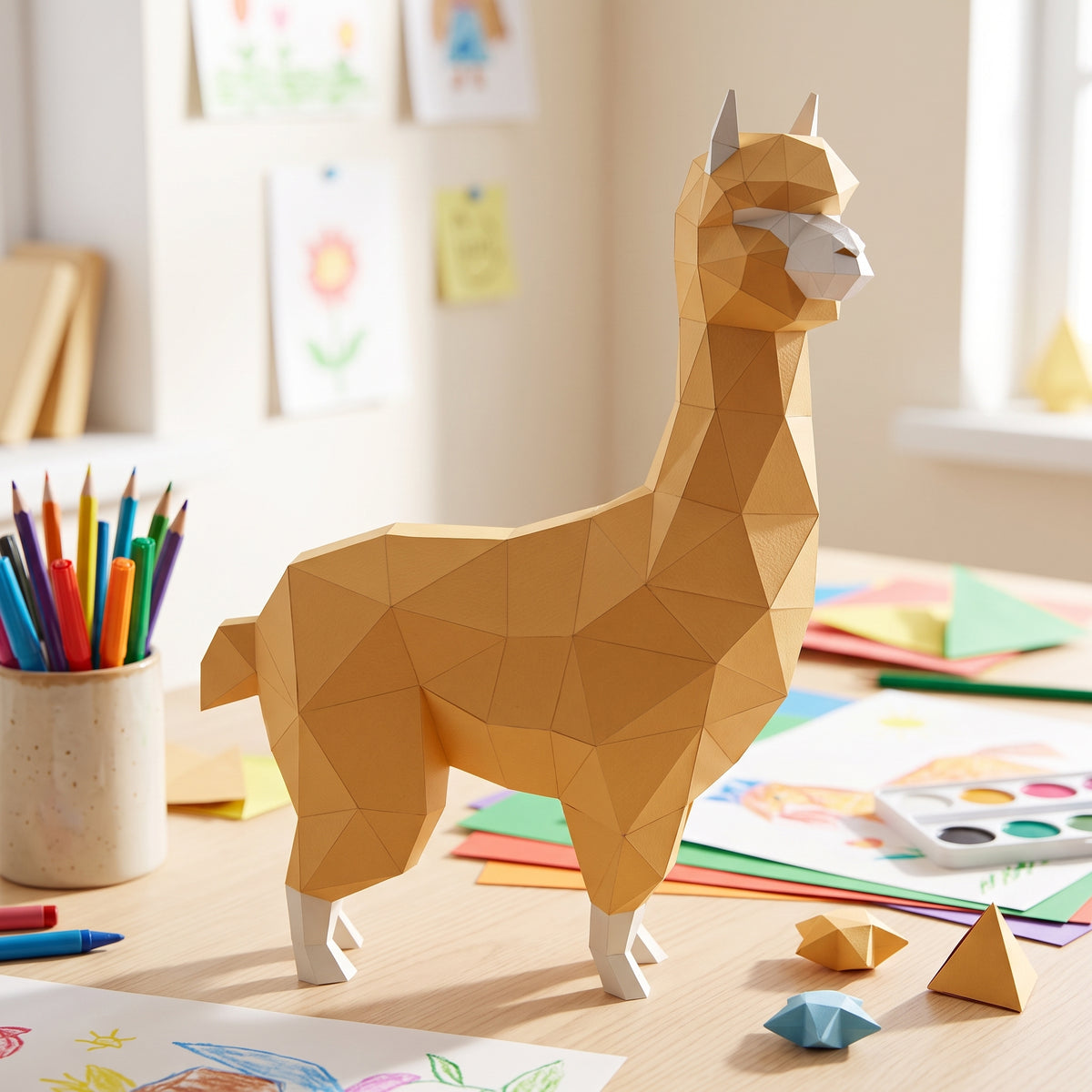 Paper Alpaca model in a kids' craft corner