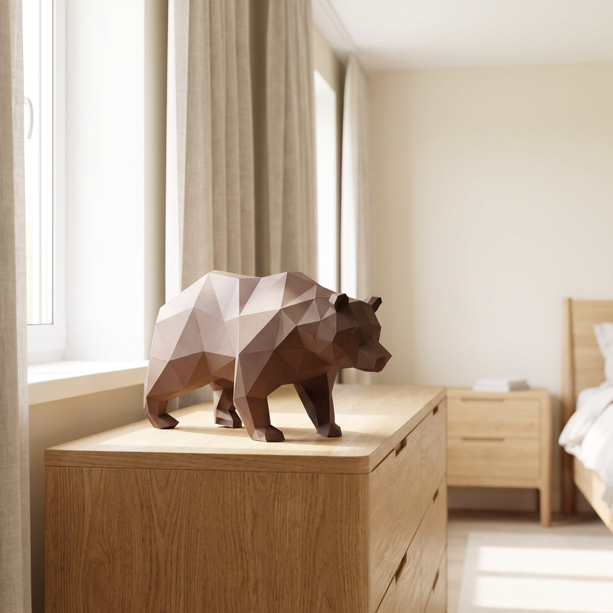 Paper Bear model on a table by the window