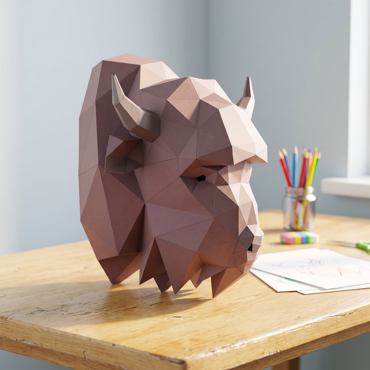Paper Bison model in a kids' craft corner