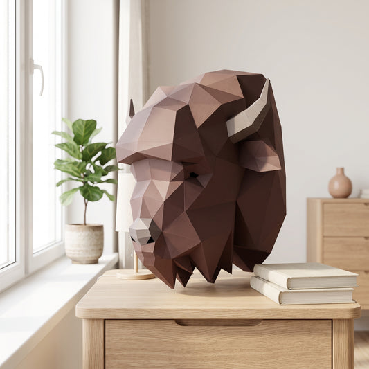 Paper Bison model on a table by the window