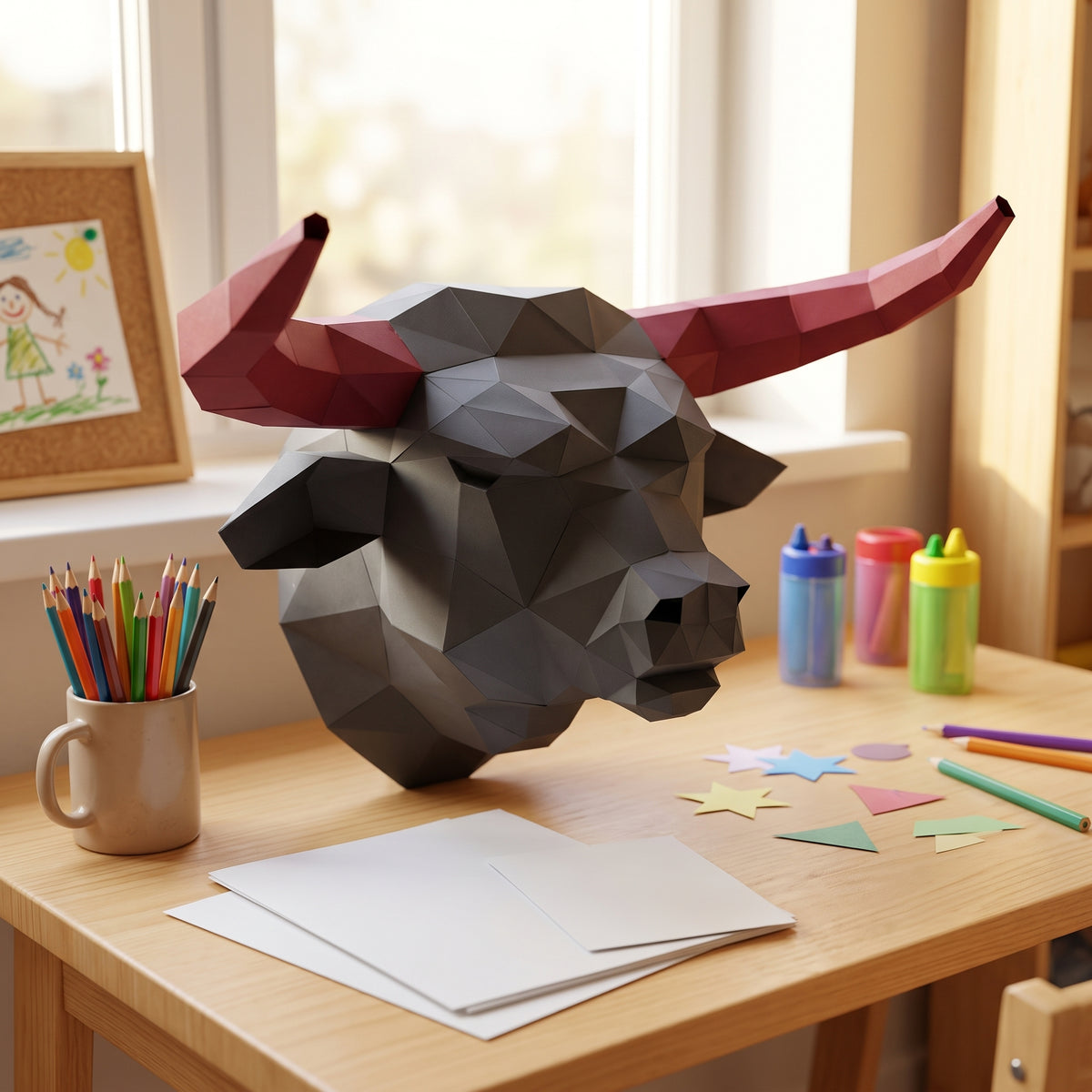 Paper Bull model in a kids' craft corner