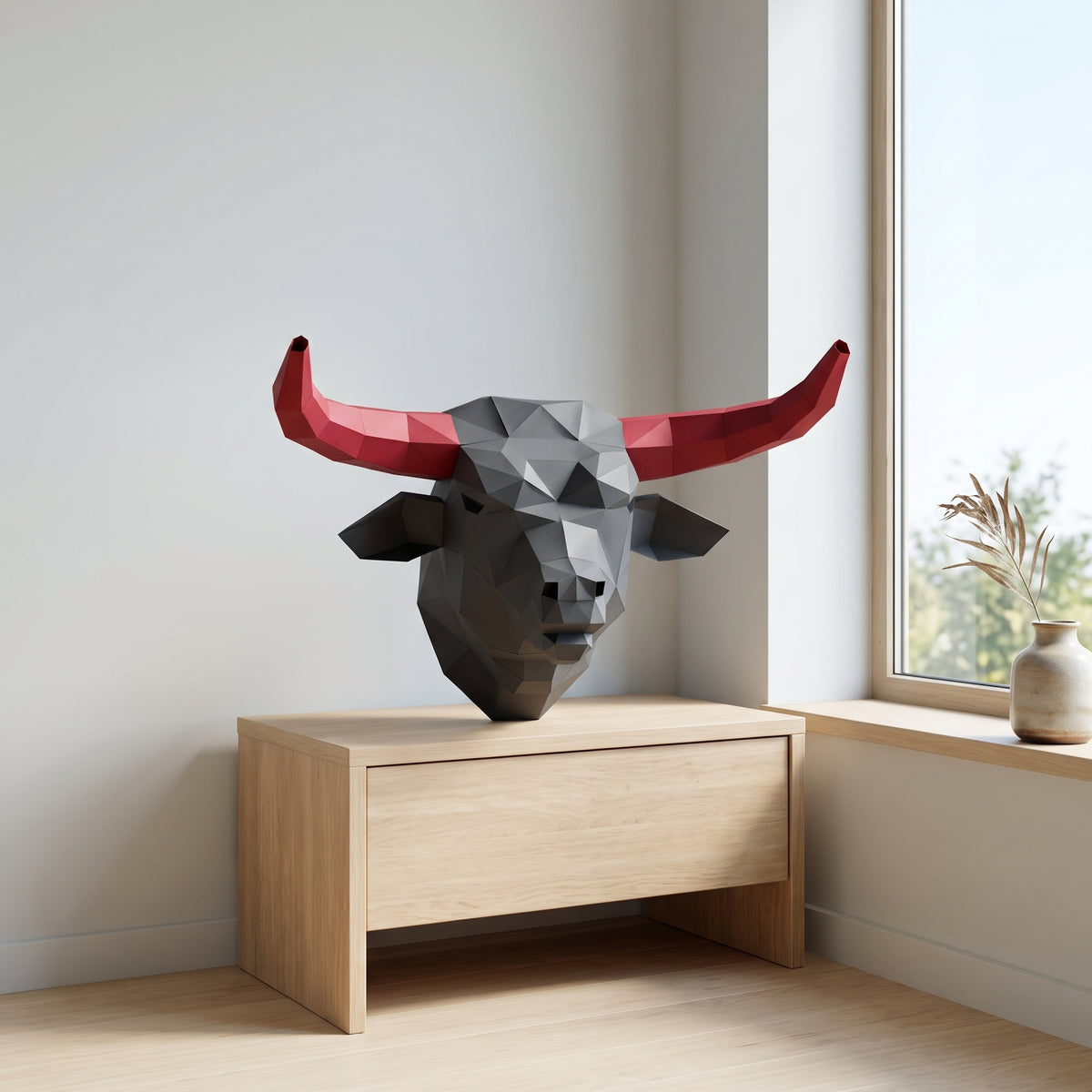 Paper Bull model on a table by the window