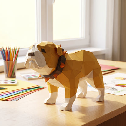 Paper Bulldog model in a kids' craft corner
