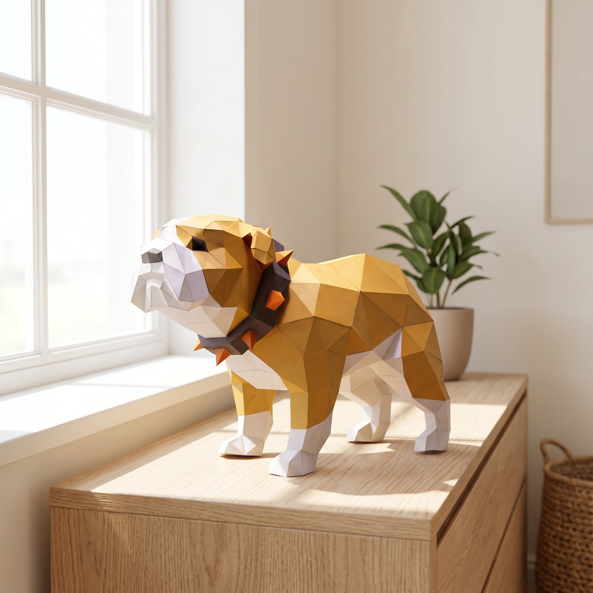 Paper Bulldog model on a table by the window