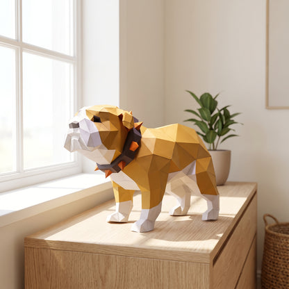 Paper Bulldog model on a table by the window