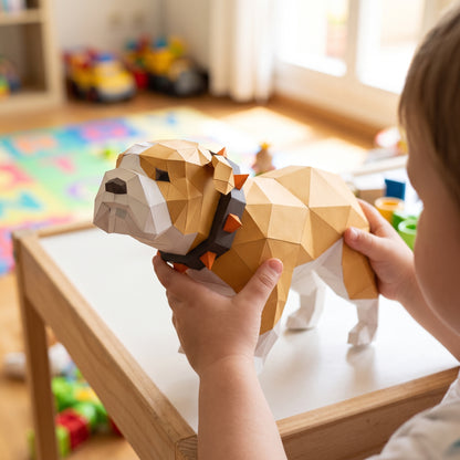 Paper Bulldog model in a child's hands