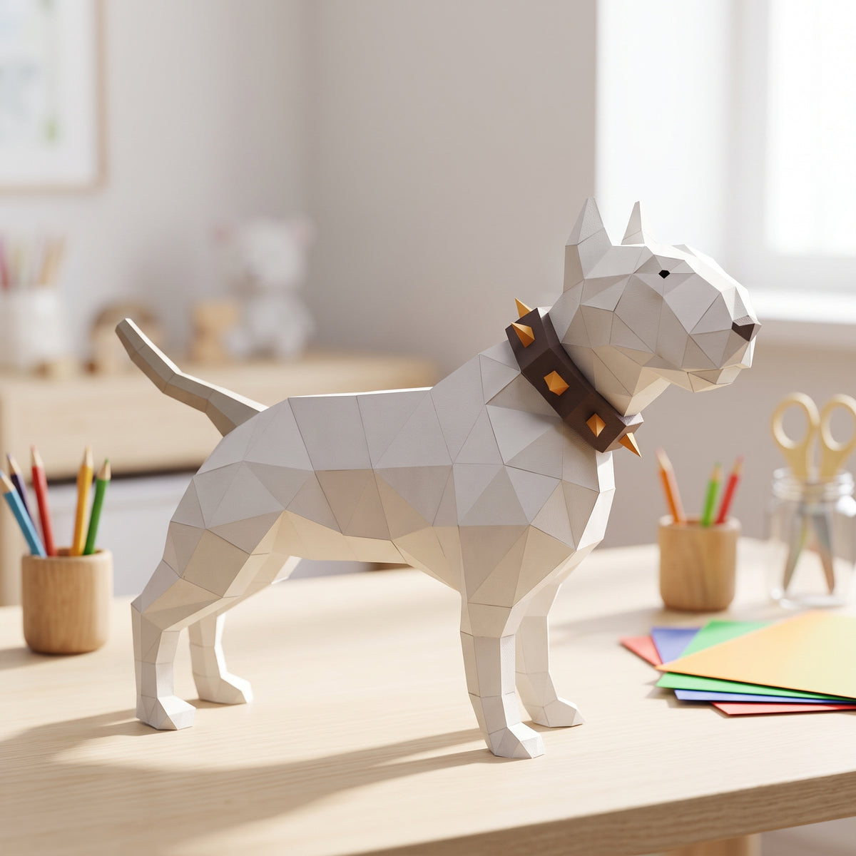 Paper Bullterrier model in a kids' craft corner