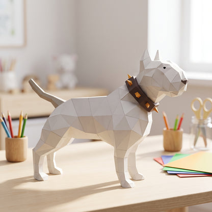 Paper Bullterrier model in a kids' craft corner