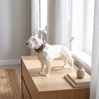 Paper Bullterrier model on a table by the window