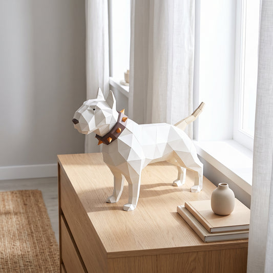 Paper Bullterrier model on a table by the window