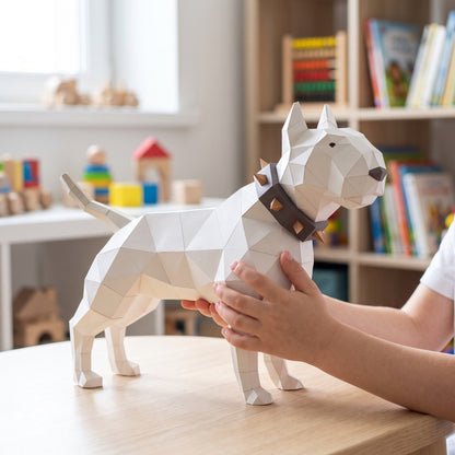 Paper Bullterrier model in a child's hands