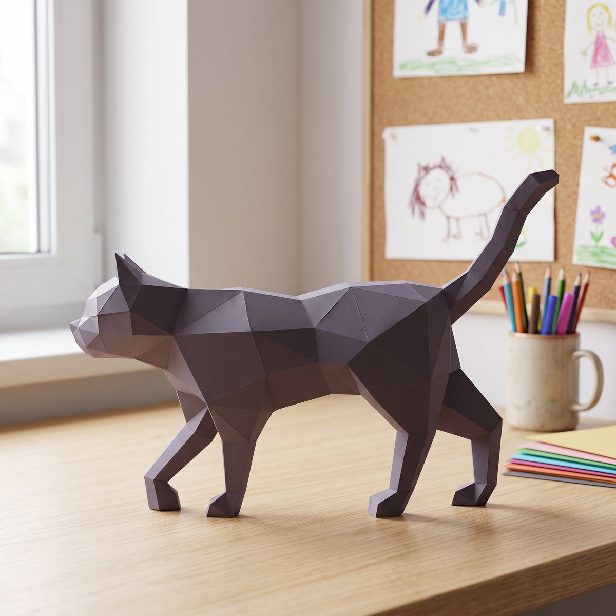 Paper Cat model in a kids' craft corner