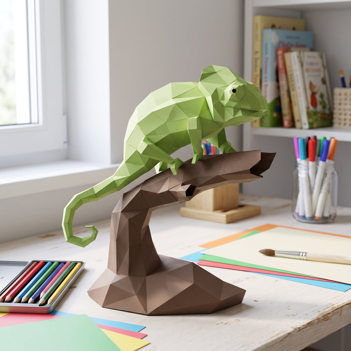 Paper Chameleon model in a kids' craft corner