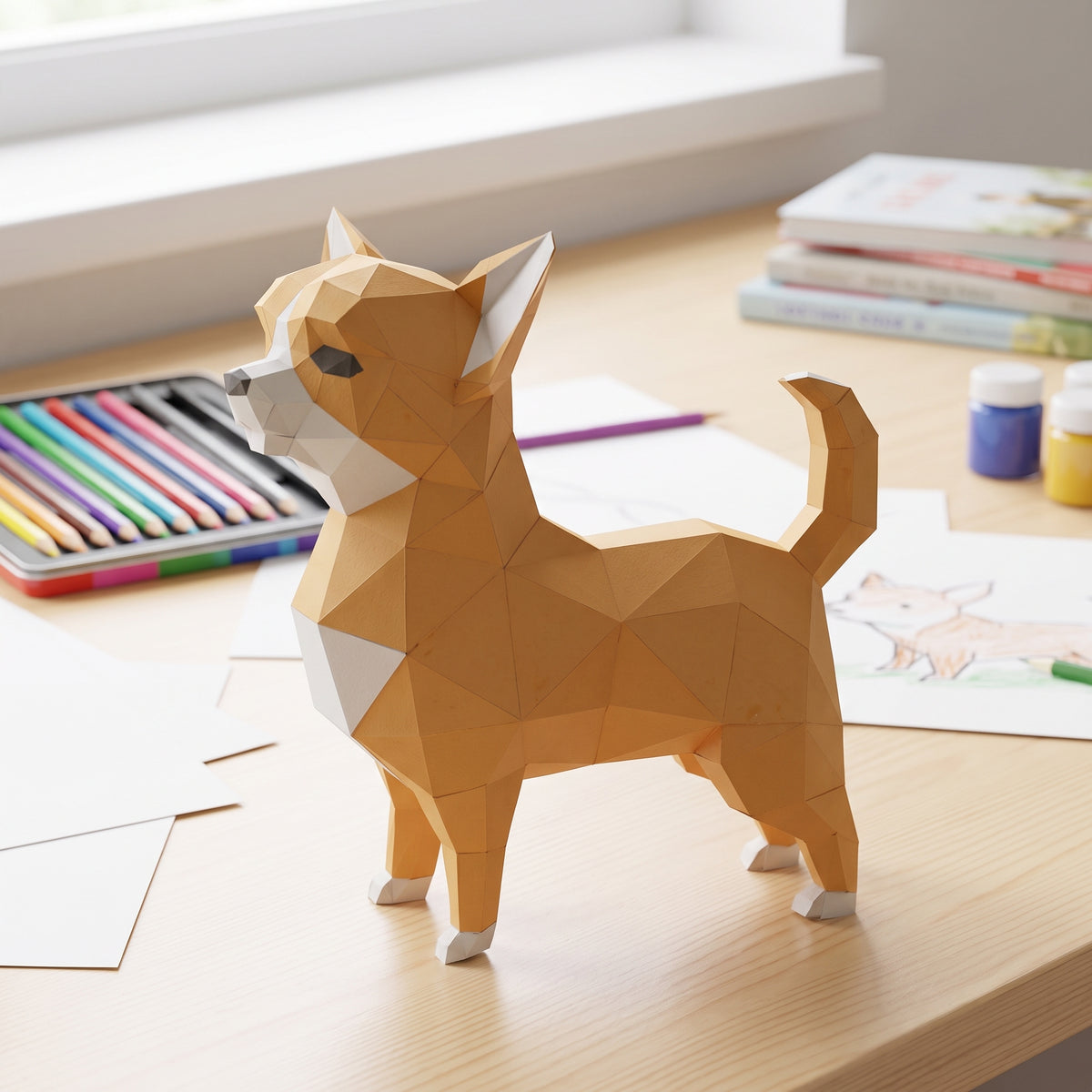 Paper Chihuahua model in a kids' craft corner