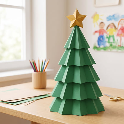 Paper Christmas Tree model in a kids' craft corner