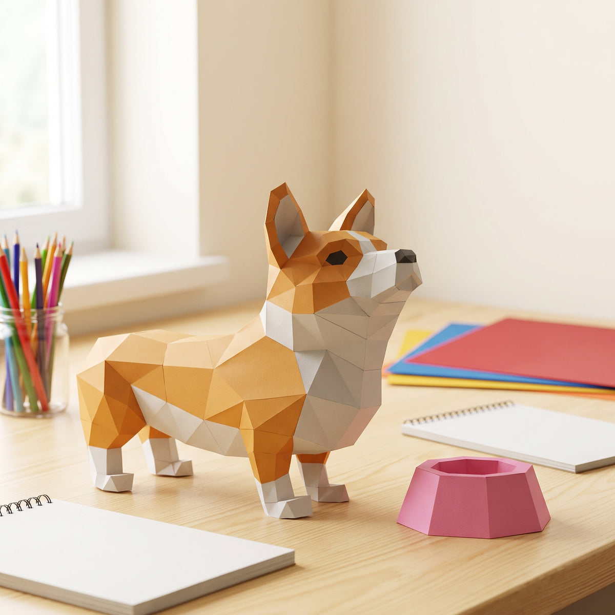 Paper Corgi model in a kids' craft corner