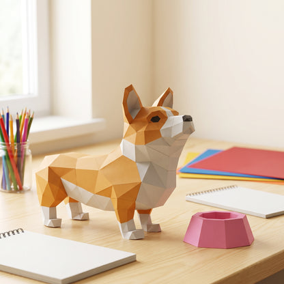 Paper Corgi model in a kids' craft corner