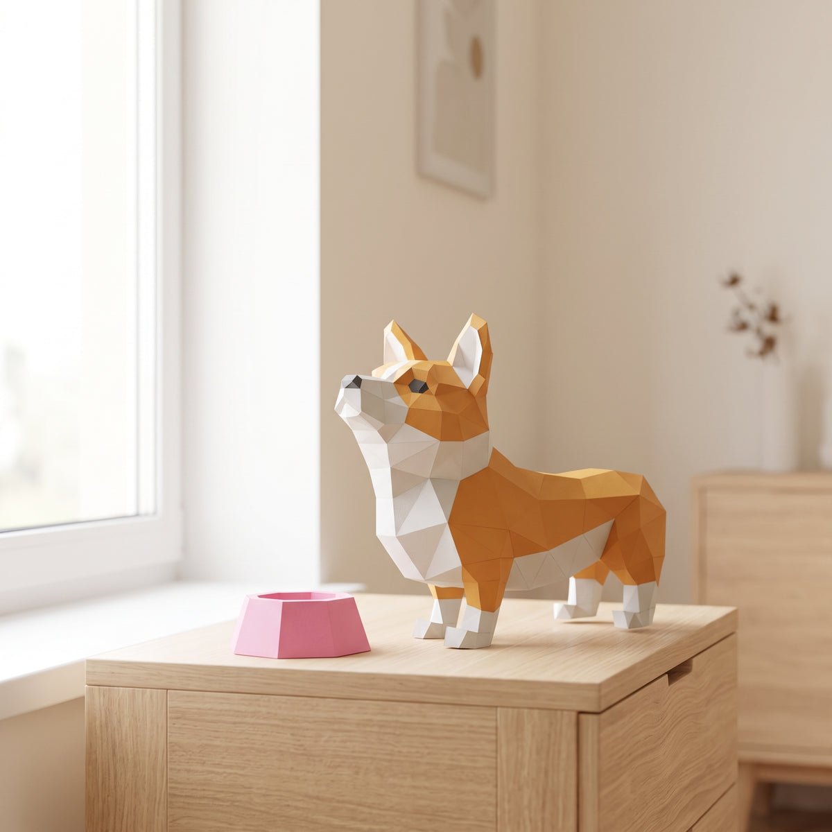 Paper Corgi model on a table by the window