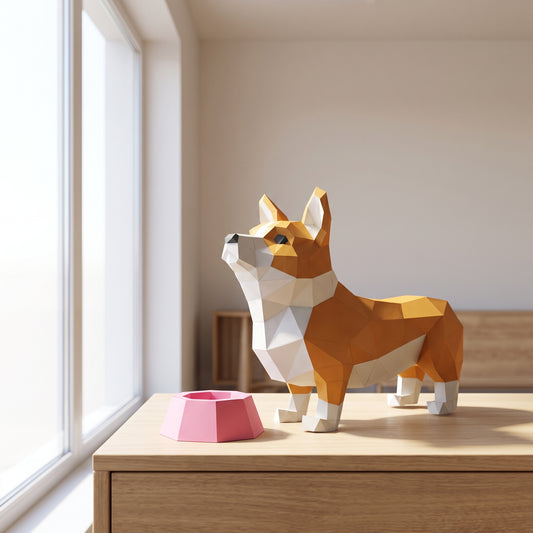 Paper Corgi model on a table by the window (another angle)