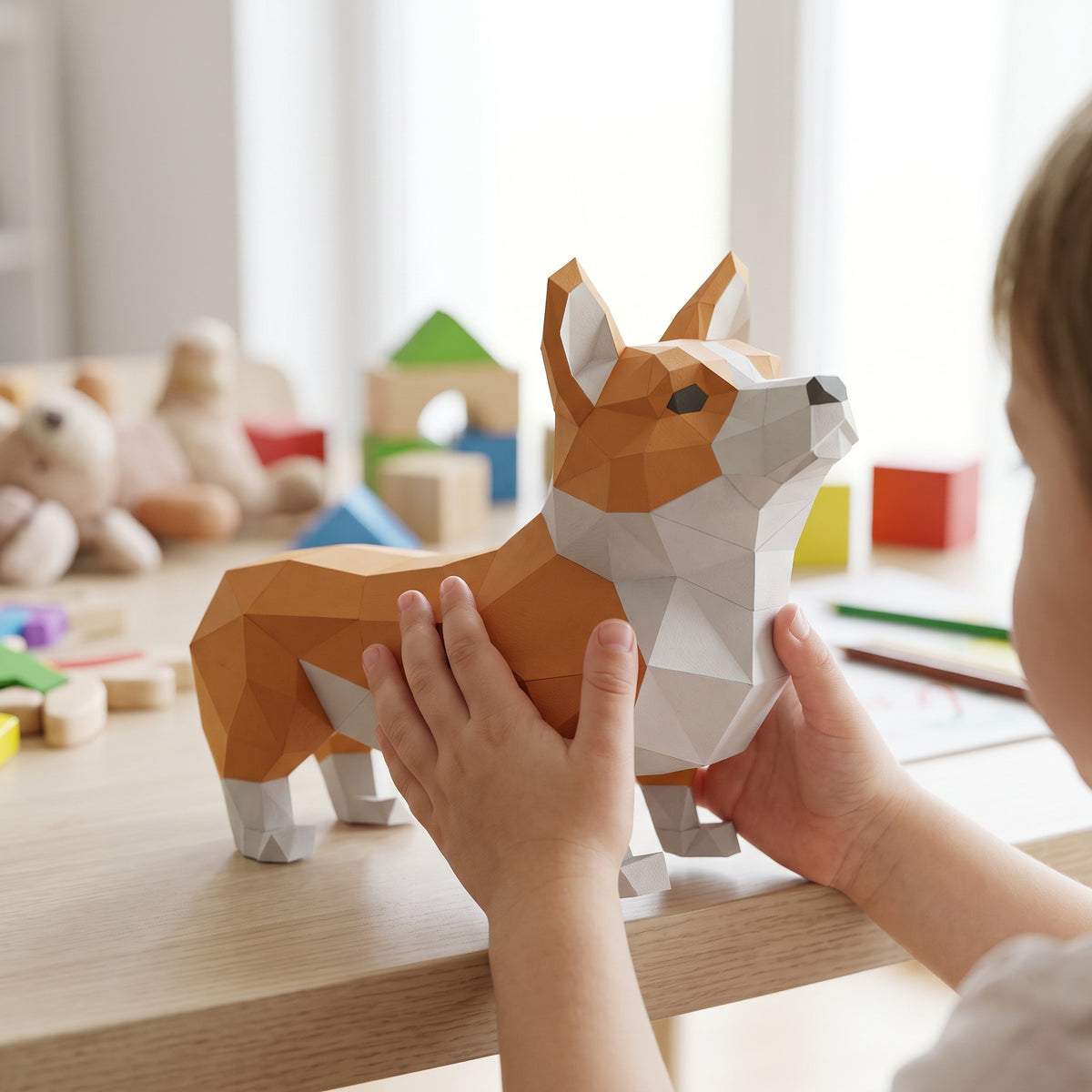 Paper Corgi model in a child's hands