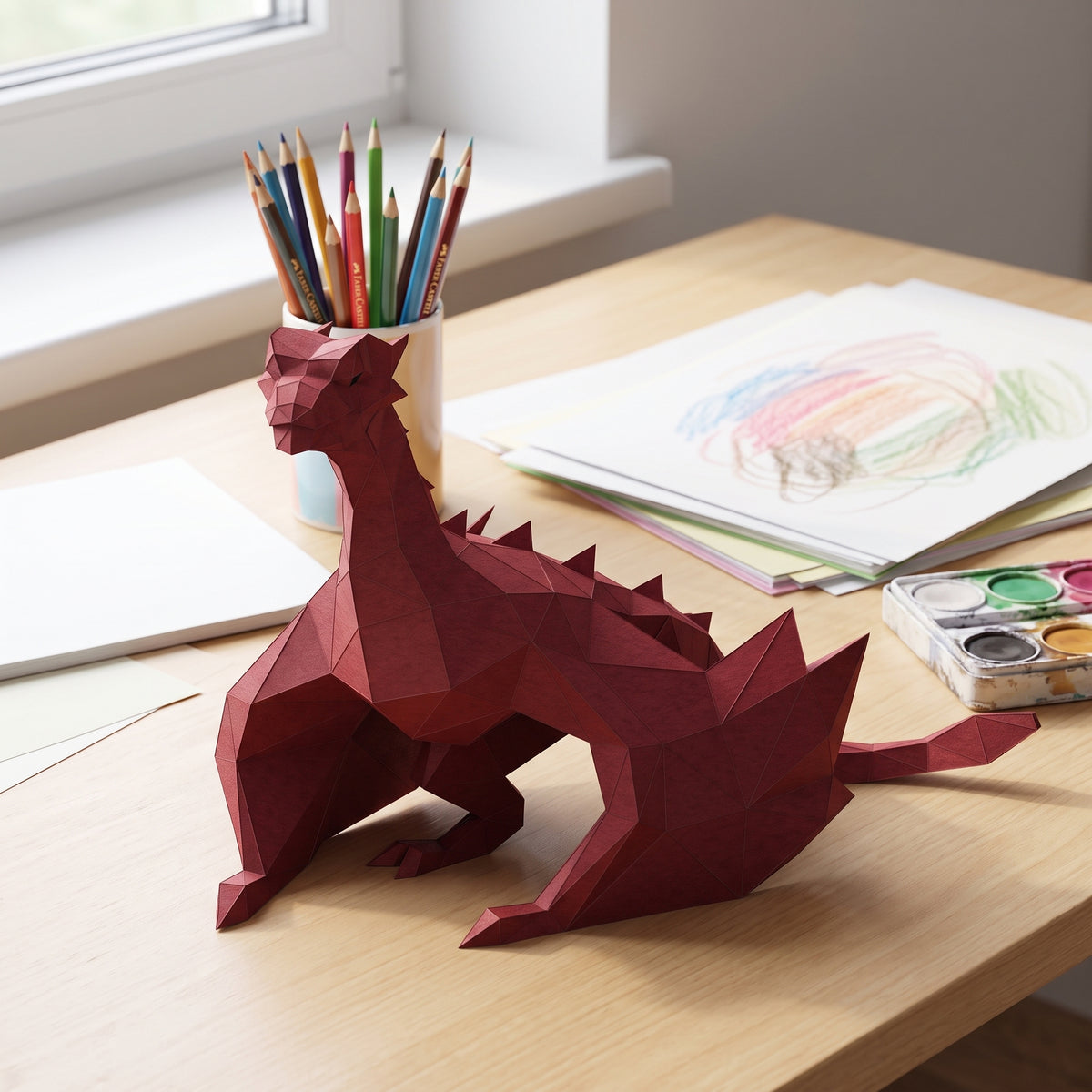 Paper Dragon model in a kids' craft corner