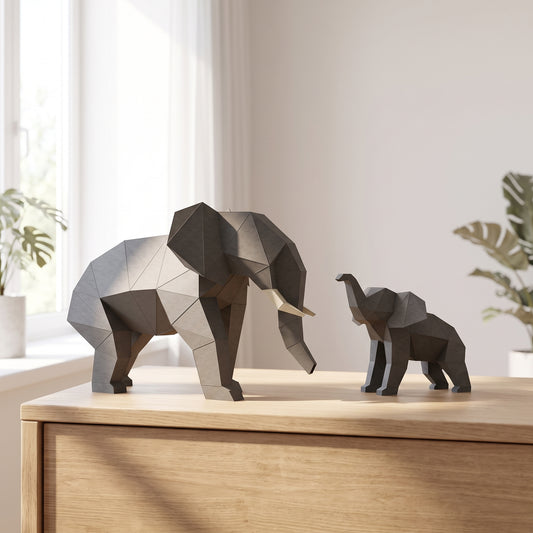 Paper Elephants model on a table by the window