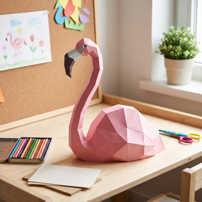Paper Flamingo model in a kids' craft corner