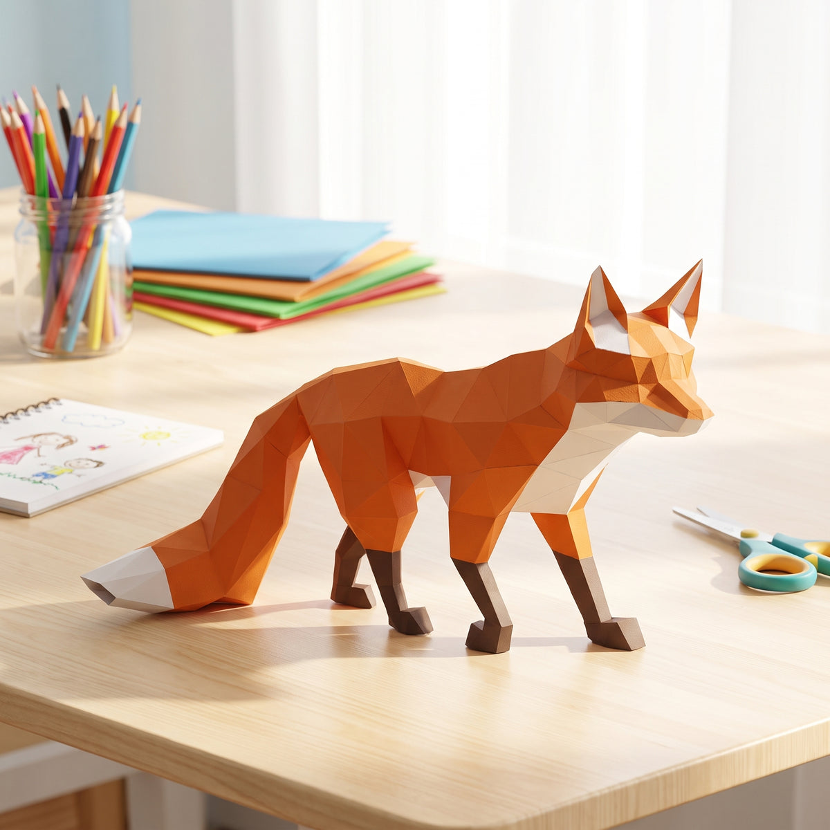 Paper Fox model in a kids' craft corner