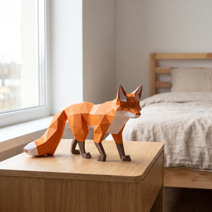 Paper Fox model on a table by the window