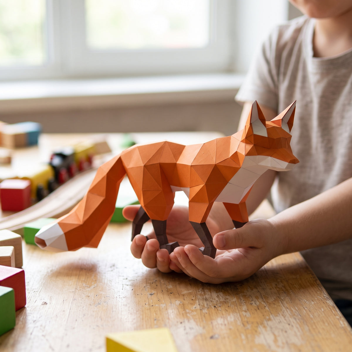 Paper Fox model in a child's hands (2)