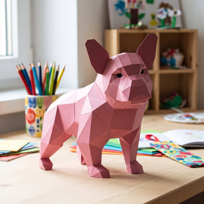 Paper French Bulldog (Pink) model in a kids' craft corner