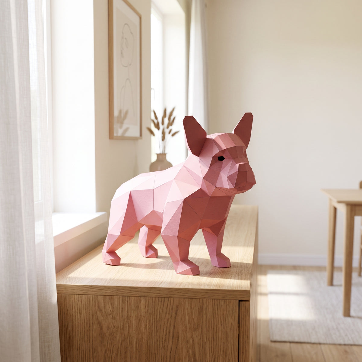 Paper French Bulldog (Pink) model on a table by the window