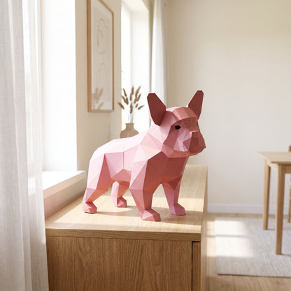Paper French Bulldog (Pink) model on a table by the window