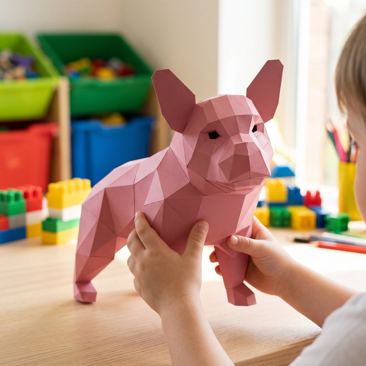 Paper French Bulldog (Pink) model in a child's hands