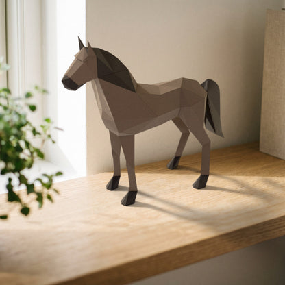 Paper Horse model on a bookshelf