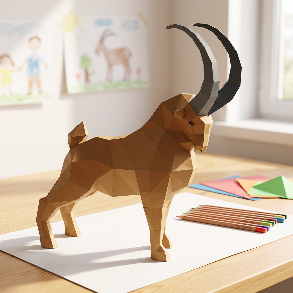 Paper Ibex model in a kids' craft corner