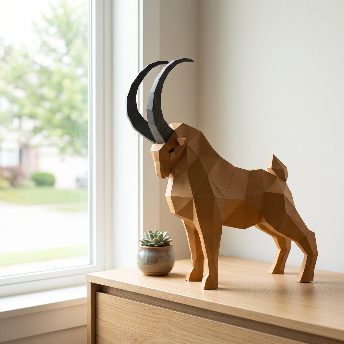 Paper Ibex model on a table by the window