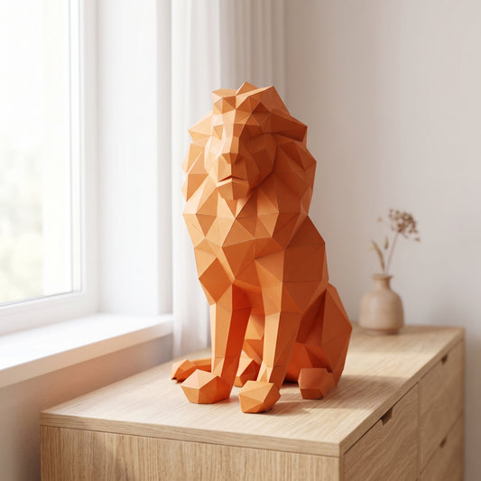 Paper Lion model on a table by the window