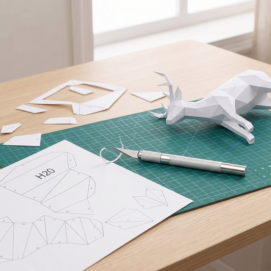 Metal Craft Knife on a craft desk with a paper model