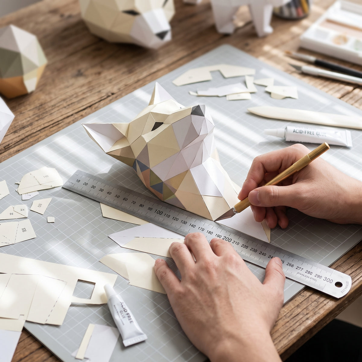Metal Ruler in use while building a paper model