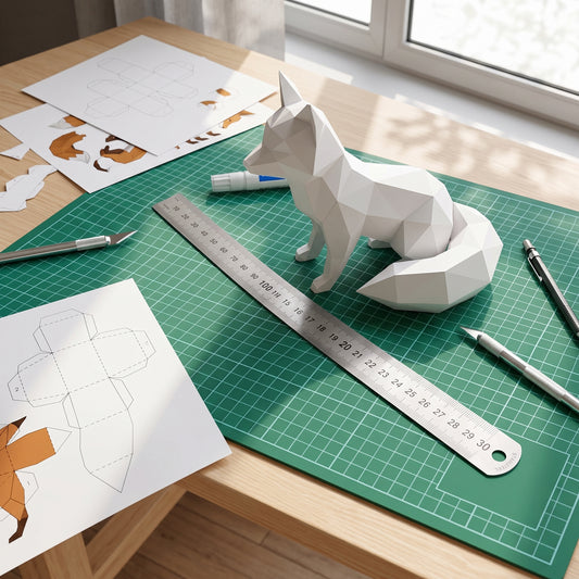 Metal Ruler on a craft desk with a paper model