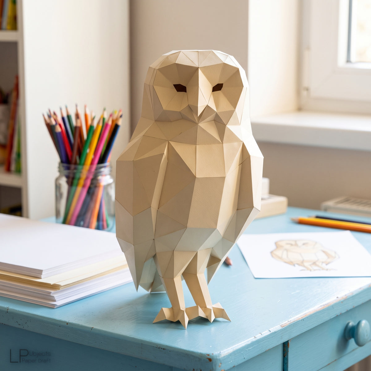 Paper Owl model in a kids' craft corner