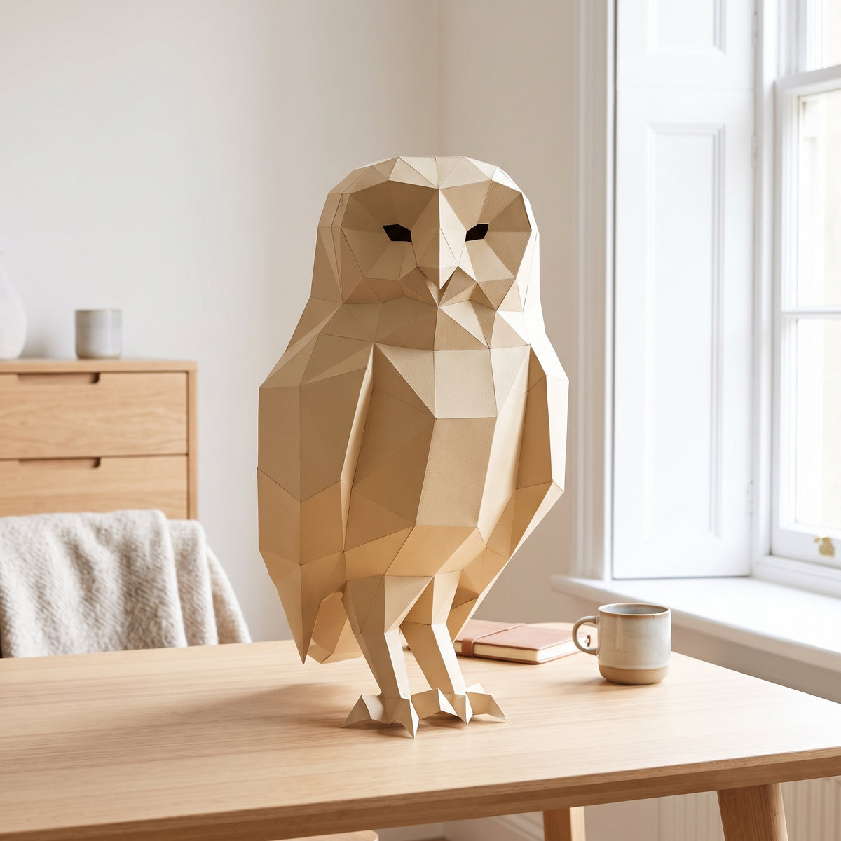 Paper Owl model on a table by the window