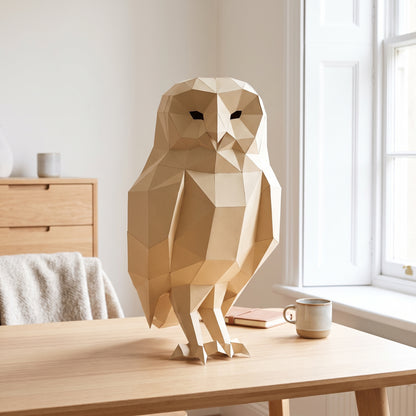 Paper Owl model on a table by the window