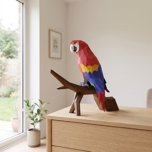 Paper Parrot model on a table by the window