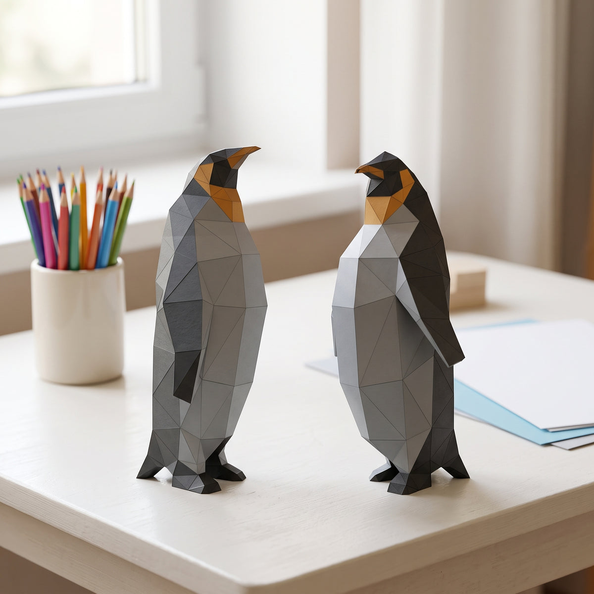 Paper Penguin model in a kids' craft corner